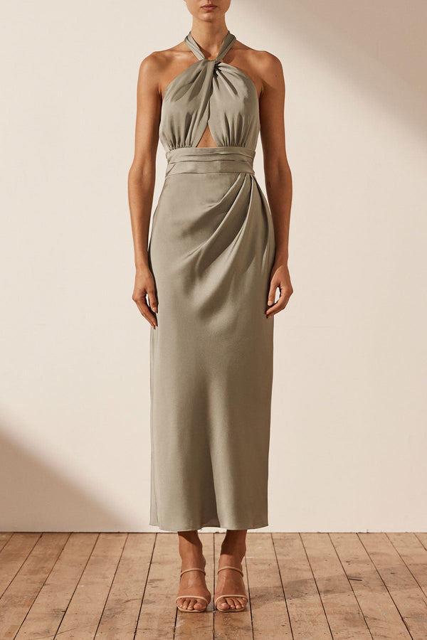 LUXE GATHERED HALTER MIDI DRESS - EUCALYPTUS_F