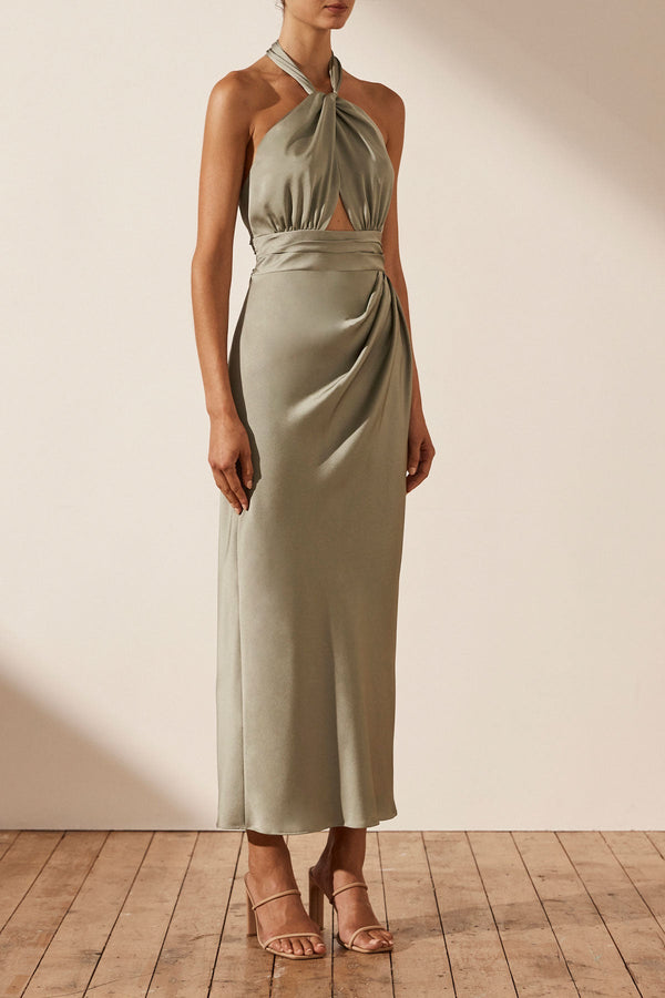 LUXE GATHERED HALTER MIDI DRESS - EUCALYPTUS_A