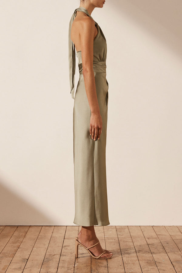 LUXE GATHERED HALTER MIDI DRESS - EUCALYPTUS_S
