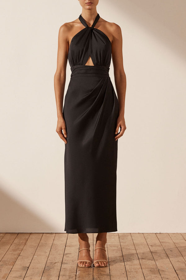 LUXE GATHERED HALTER MIDI DRESS - ONYX_F