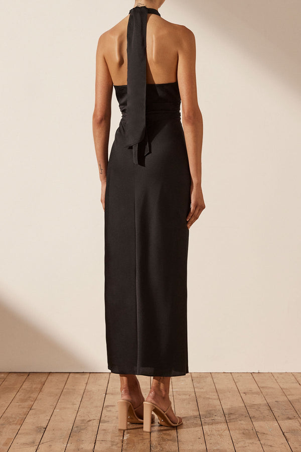 LUXE GATHERED HALTER MIDI DRESS - ONYX_B