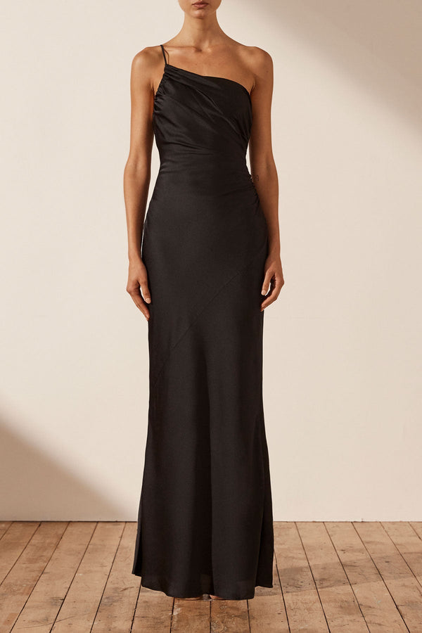 LUXE ASYMMETRICAL GATHERED MAXI DRESS - ONYX_F