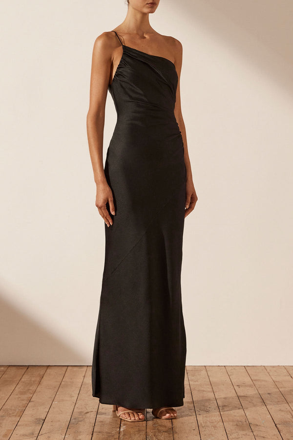 LUXE ASYMMETRICAL GATHERED MAXI DRESS - ONYX_A