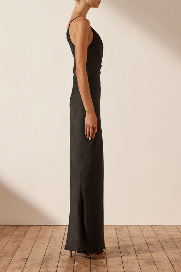 LUXE ASYMMETRICAL GATHERED MAXI DRESS - ONYX_S