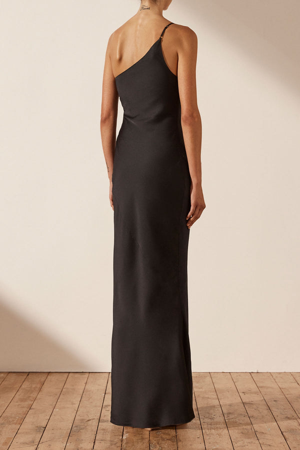 LUXE ASYMMETRICAL GATHERED MAXI DRESS - ONYX_B