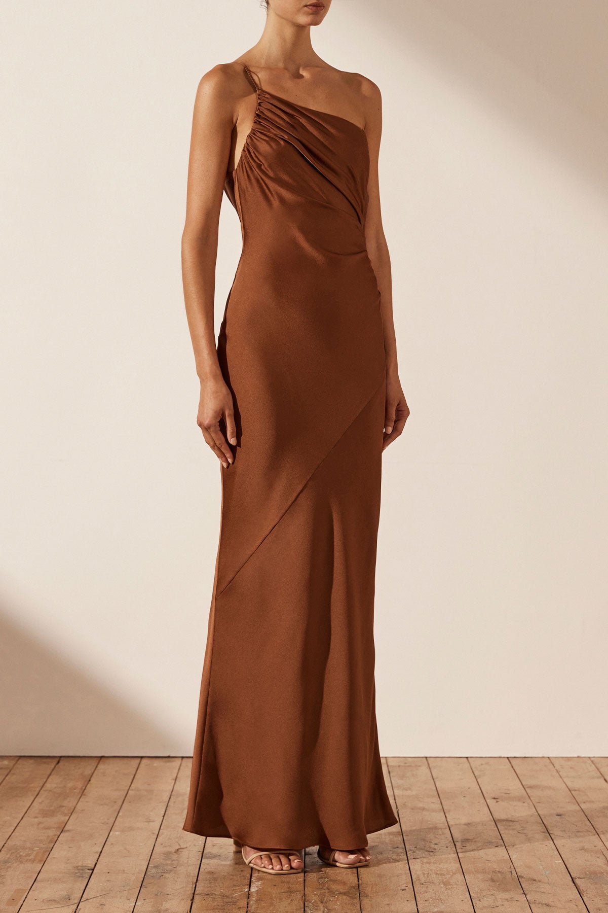 Luxe Asymmetrical Gathered Maxi Dress Mocha Dresses Shona Joy