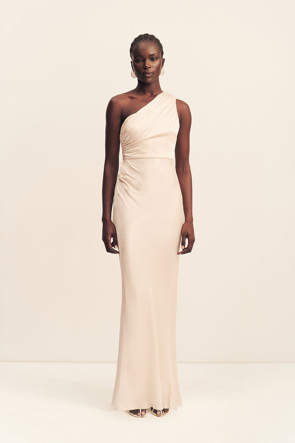 one shoulder maxi dress australia LA LUNE GATHERED ONE SHOULDER MAXI DRESS | GOLD | DRESSES