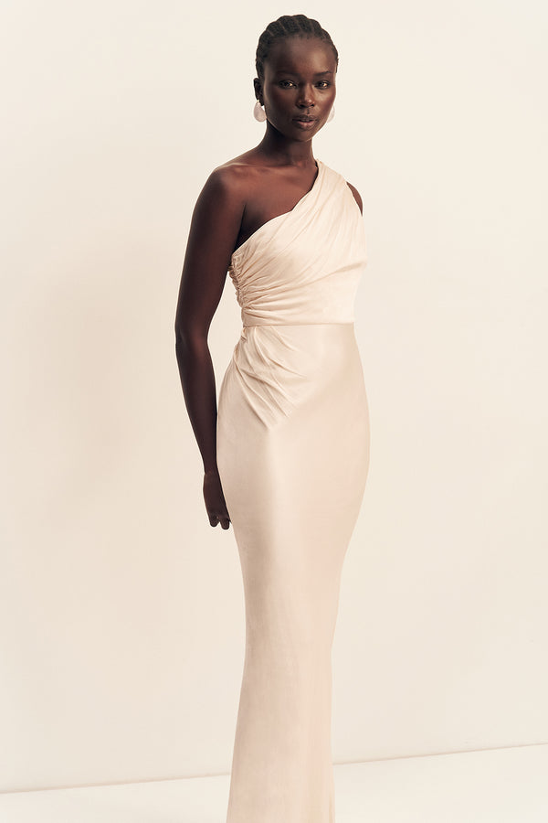LA LUNE GATHERED ONE SHOULDER MAXI DRESS - CREAM