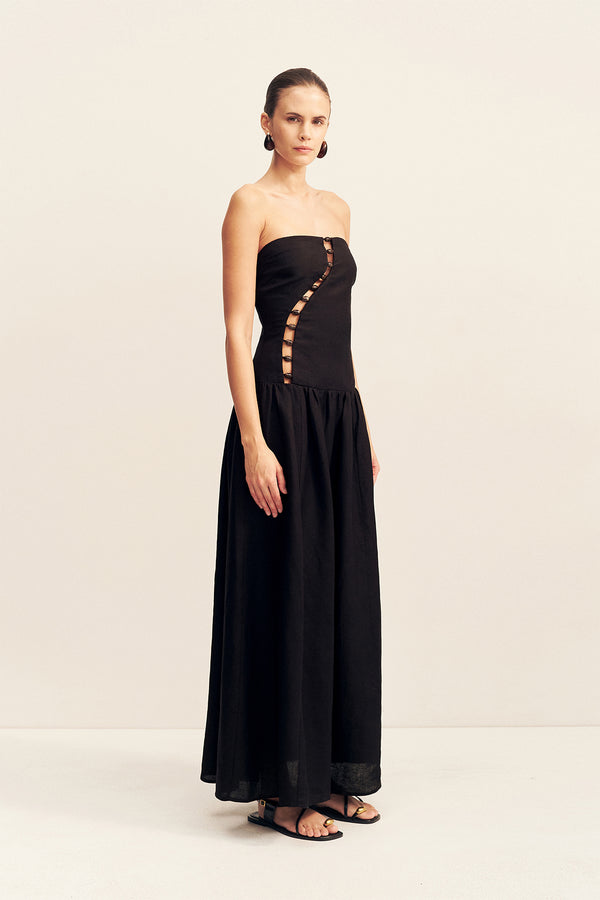 EFFIE LINEN BLEND MAXI DRESS WITH BEADS - BLACK