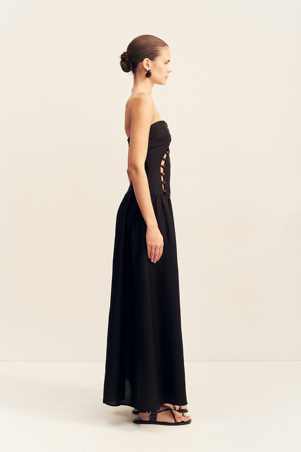EFFIE LINEN BLEND MAXI DRESS WITH BEADS - BLACK
