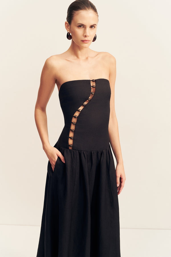 EFFIE LINEN BLEND MAXI DRESS WITH BEADS - BLACK
