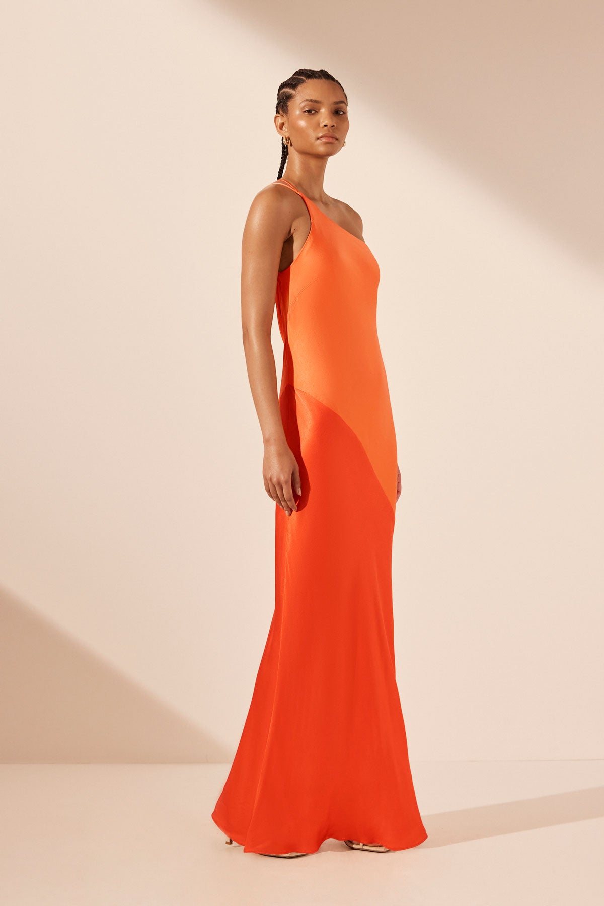 Mia Contrast One Shoulder Cowl Back Maxi Dress Red Orange