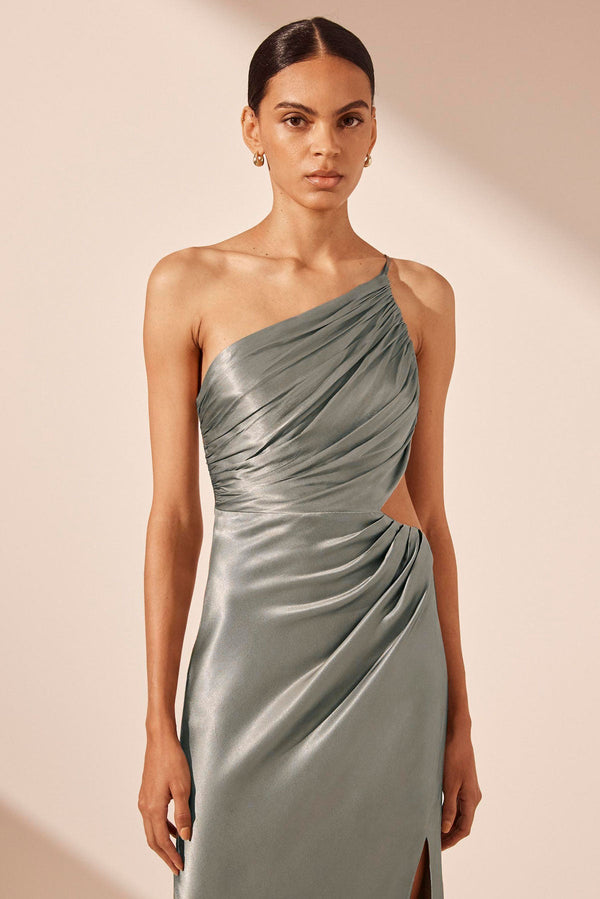 la lune asymmetrical gathered maxi dress sage La Lune Asymmetrical Gathered Maxi Dress | Sage | Dresses