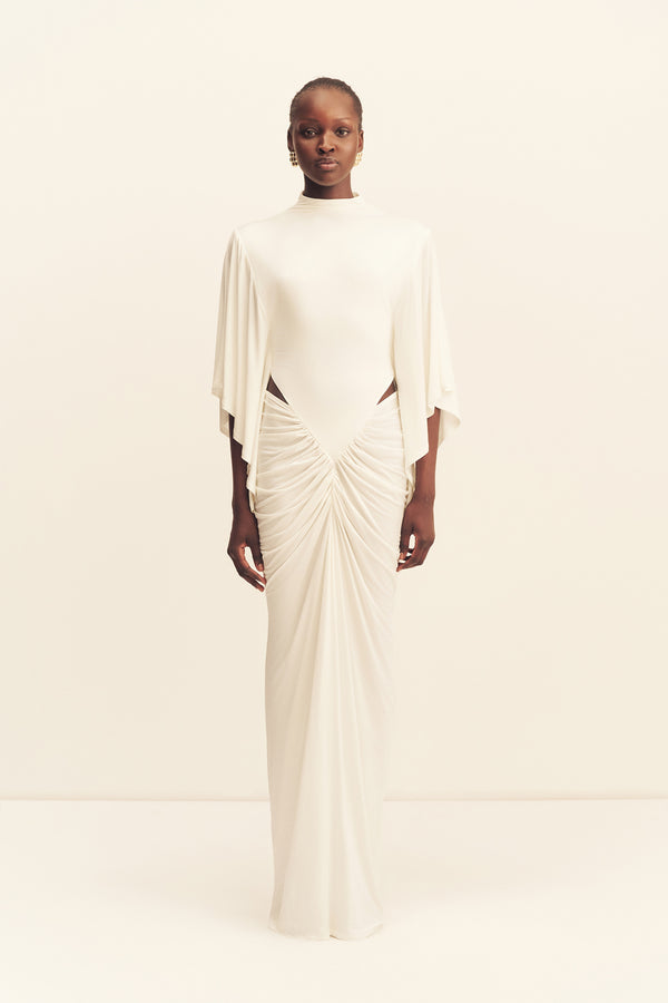 MIRO SLINKY JERSEY CAPE DRAPED MAXI DRESS - IVORY_F