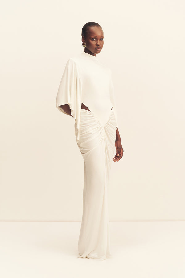MIRO SLINKY JERSEY CAPE DRAPED MAXI DRESS - IVORY