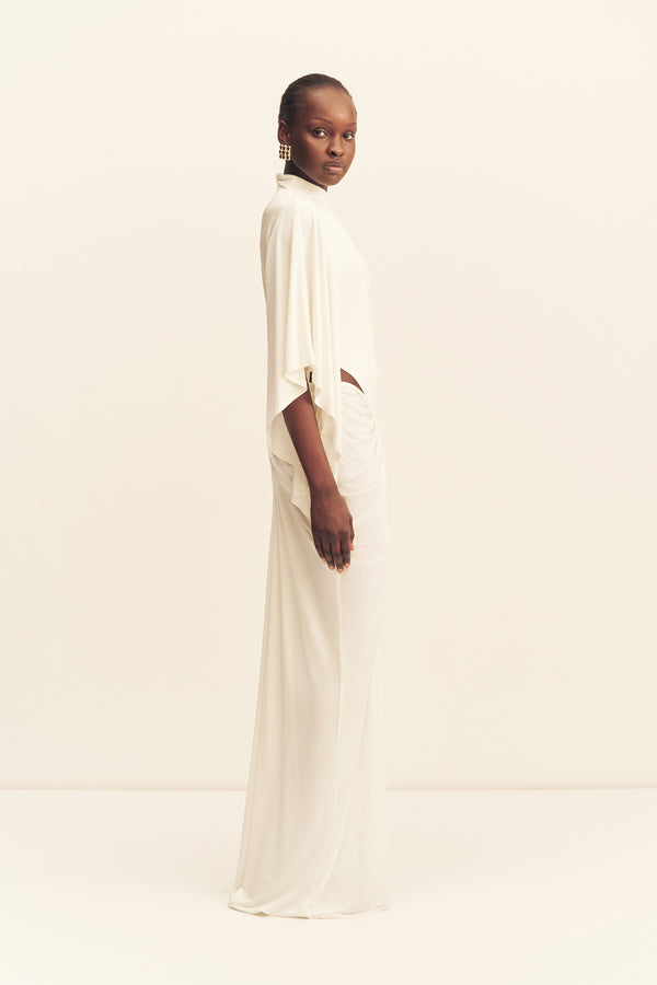 MIRO SLINKY JERSEY CAPE DRAPED MAXI DRESS - IVORY