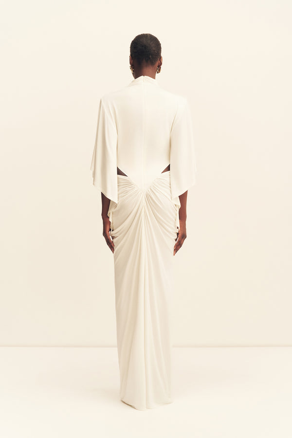 MIRO SLINKY JERSEY CAPE DRAPED MAXI DRESS - IVORY