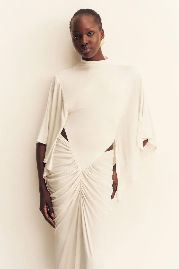 MIRO SLINKY JERSEY CAPE DRAPED MAXI DRESS - IVORY