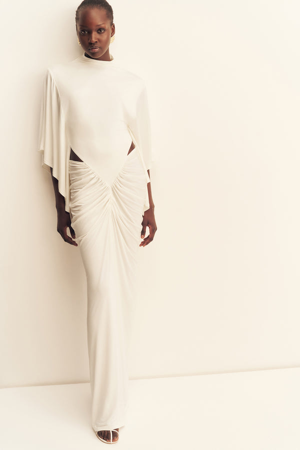 MIRO SLINKY JERSEY CAPE DRAPED MAXI DRESS - IVORY