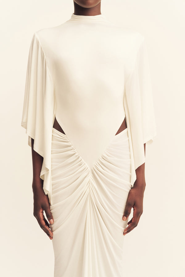 MIRO SLINKY JERSEY CAPE DRAPED MAXI DRESS - IVORY