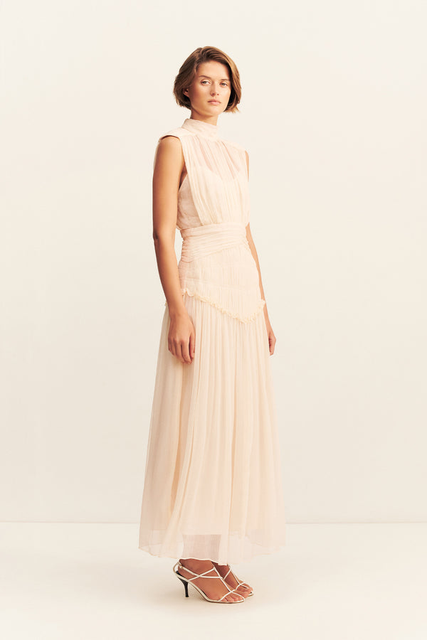 CLEMENCE HIGH NECK MIDI DRESS - CREAM