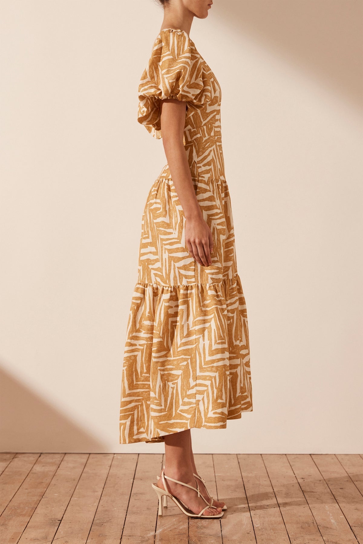 Imani Linen Plunged Short Sleeve Midi Dress Ivory Ginger