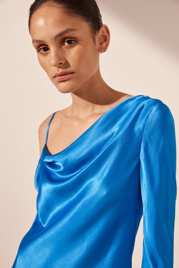 NORA ASYMMETRICAL LONG SLEEVE MINI DRESS - AQUA_D