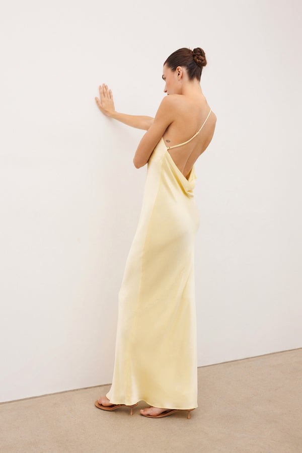 LA LUNE ONE SHOULDER COWL BACK MAXI DRESS - LEMON