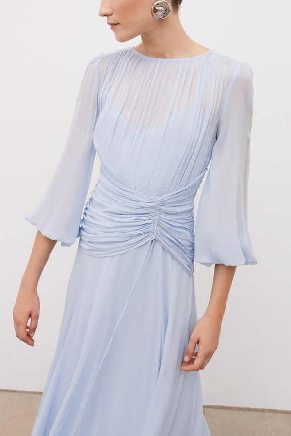 EMORY HIGH NECK BALLOON SLEEVE MAXI DRESS - ARCADIAN BLUE