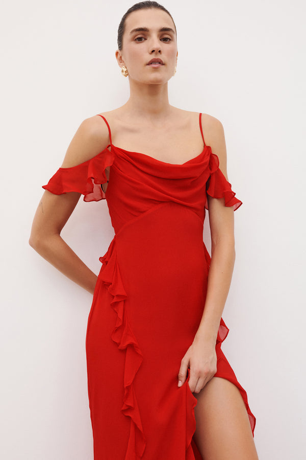 AMINA RUFFLE COWL MAXI DRESS - CHILLI