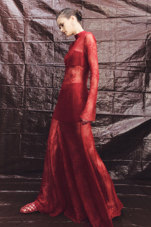 LABYRINTH LACE HIGH NECK MAXI DRESS - CHERRY