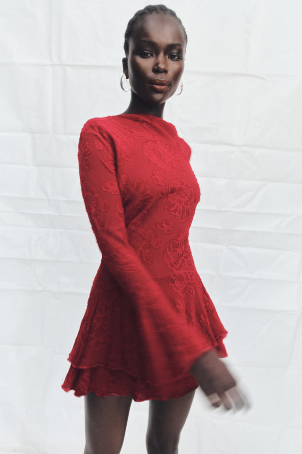 BOWERY LONG SLEEVE RUFFLE MINI DRESS - CHERRY
