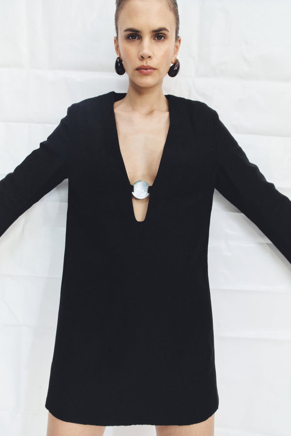 Paloma Plunged Long Sleeve Mini Dress | Black | Dresses