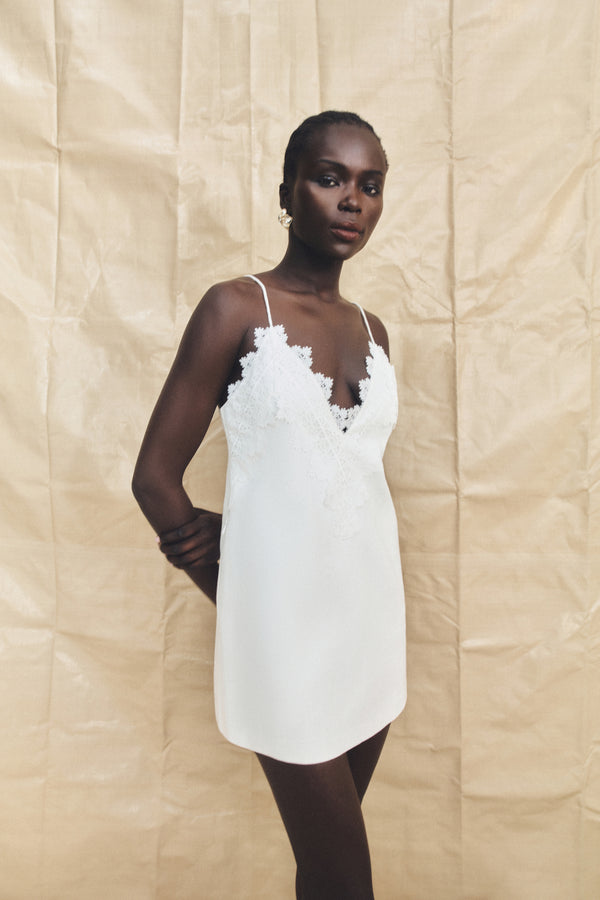TOILE LINEN LACE MINI DRESS - IVORY