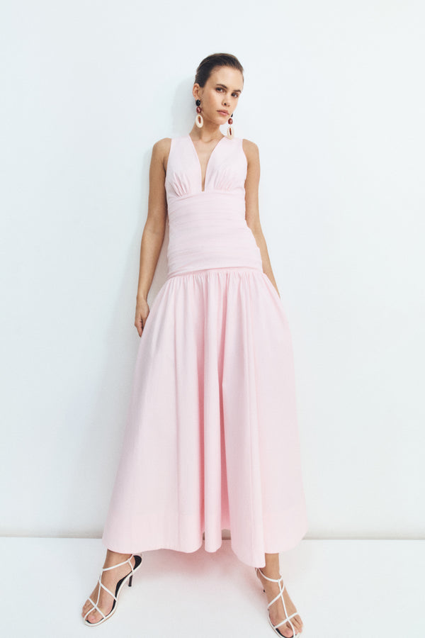 CAMPBELL PLUNGED GATHERED MAXI DRESS - BALLERINA