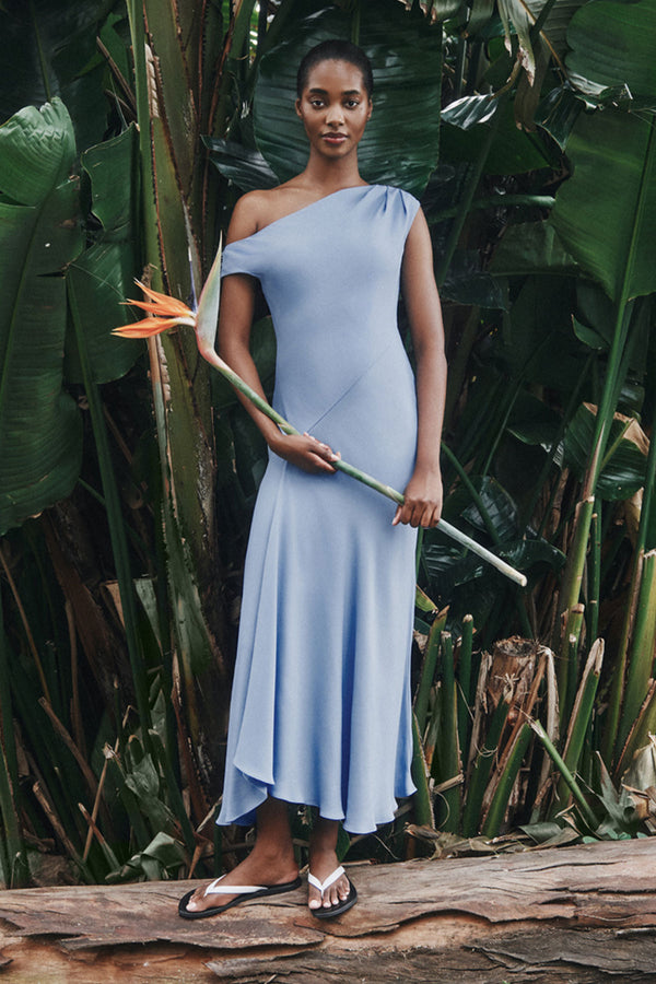 RIO ASYMMETRICAL DRAPED MIDI DRESS - CORNFLOWER BLUE