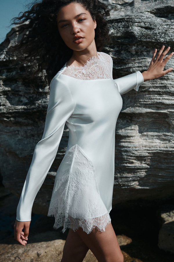 ALLEGRA LACE PANELLED MINI DRESS - IVORY