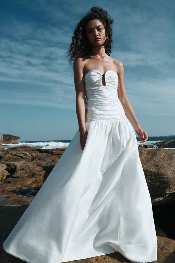 LUCERO SILK PLEATED DROP WAIST GOWN