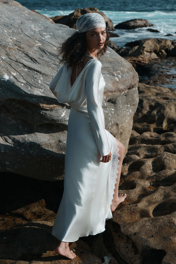 LA LUNE CUMULUS SILK BACKLESS LACE SPLIT MAXI DRESS - IVORY