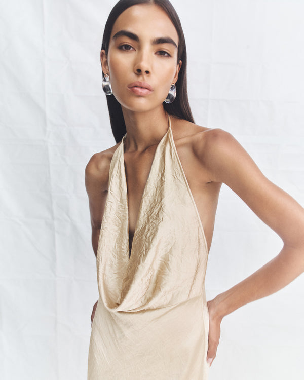 ANDIE CRUSHED LOW COWL MAXI DRESS - CHAMPAGNE