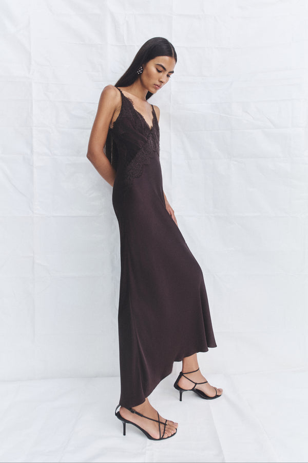 SIMONA LACE SLIP MAXI DRESS - ESPRESSO