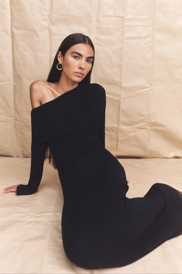 ABY JERSEY DRAPED LONG SLEEVE MAXI DRESS - BLACK
