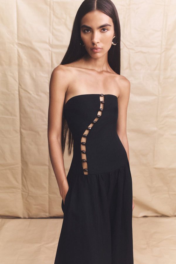 EFFIE LINEN BLEND MAXI DRESS WITH BEADS - BLACK
