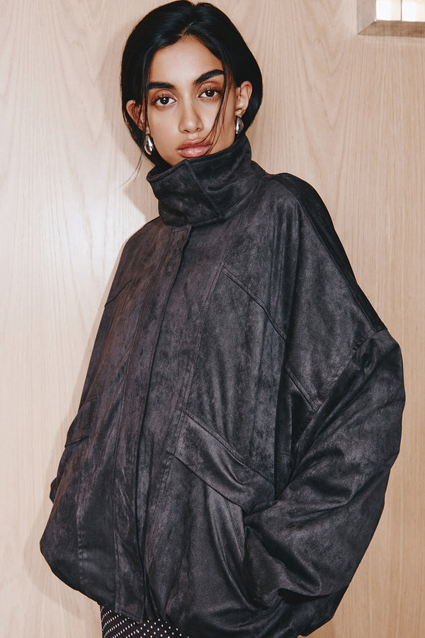 ERNEST FUNNEL NECK FAUX SUEDE BOMBER JACKET - CACAO