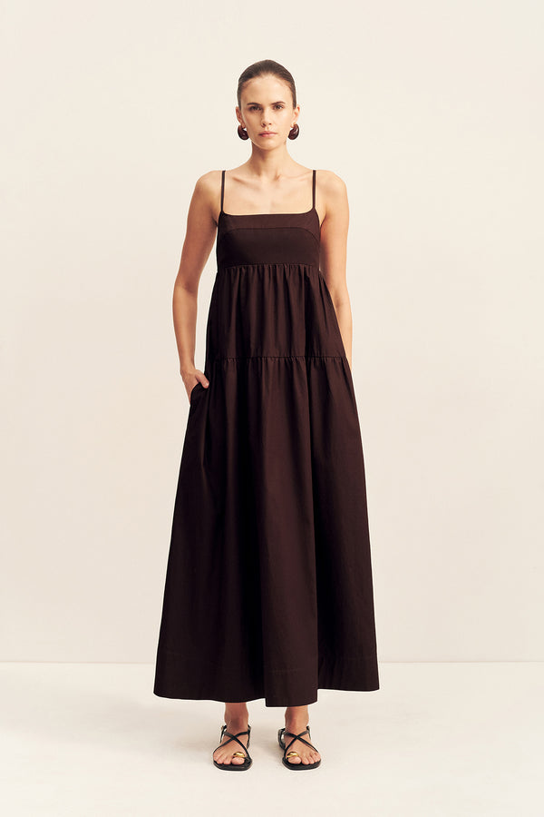 MAIORI TIERED MIDI DRESS - GANACHE_F