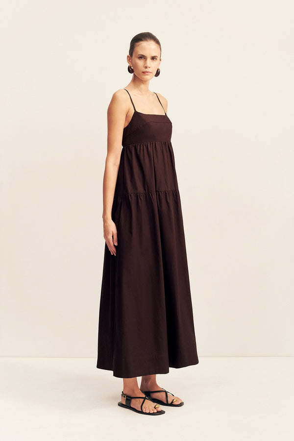 MAIORI ORGANIC COTTON TIERED MIDI DRESS - GANACHE