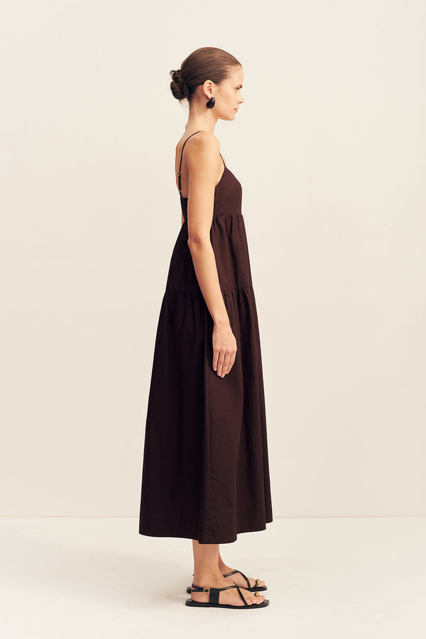 MAIORI ORGANIC COTTON TIERED MIDI DRESS - GANACHE