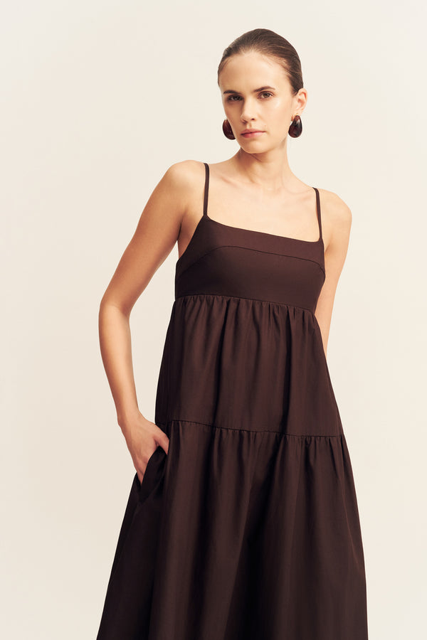 MAIORI ORGANIC COTTON TIERED MIDI DRESS - GANACHE