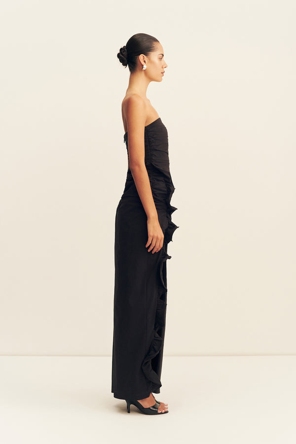 CAMPBELL RUFFLE SIDE SPLIT MAXI DRESS - BLACK