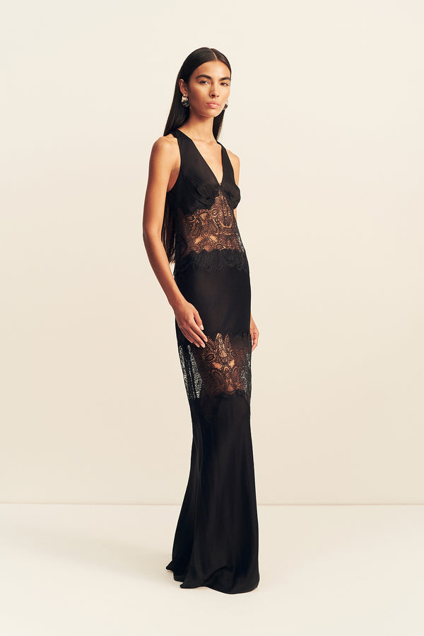 JAMILA PLUNGED LACE PANELLED MAXI DRESS - BLACK